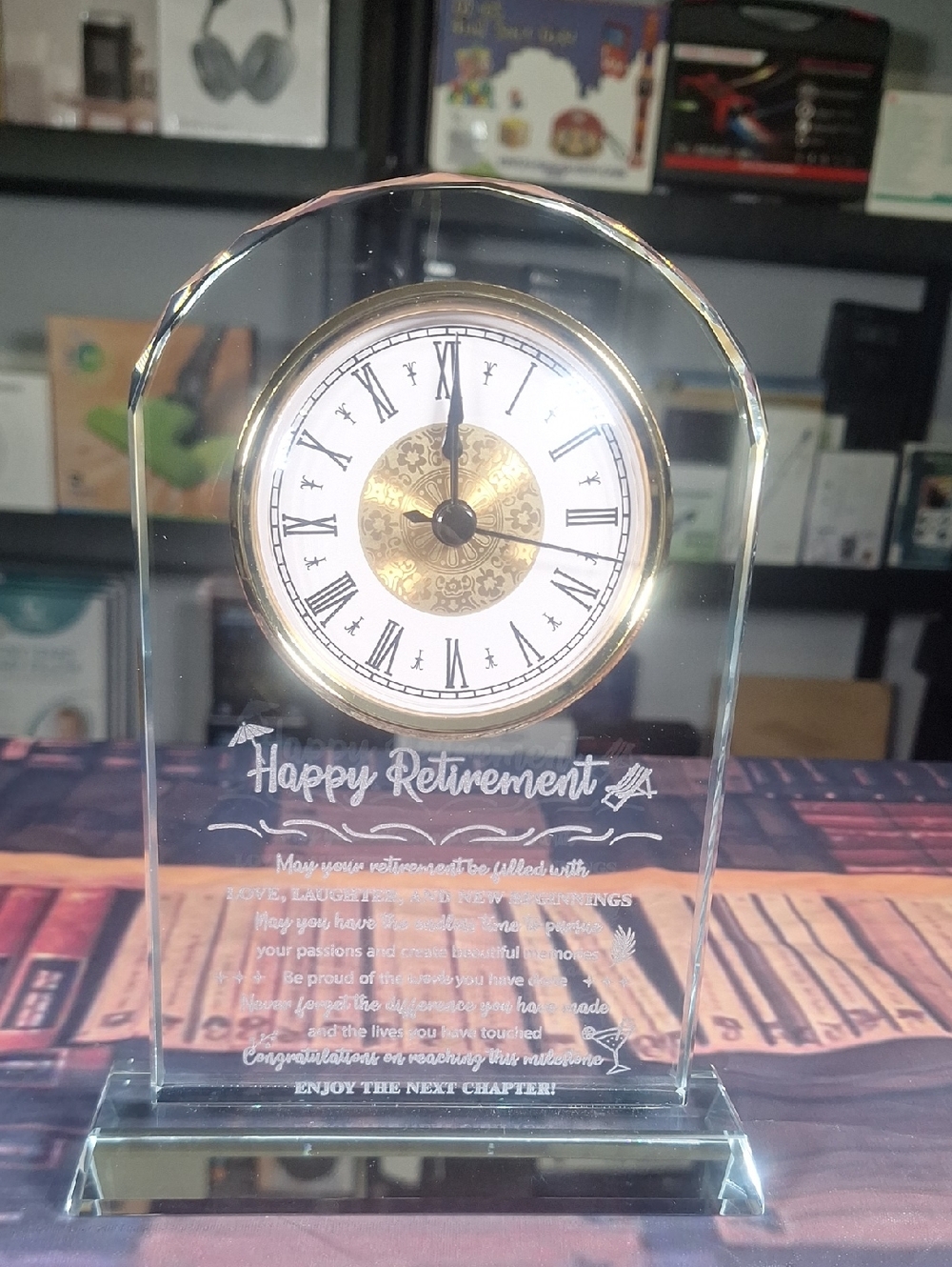 Crystal Desk Clock - Clear with Gold Accent - Retirement Gift